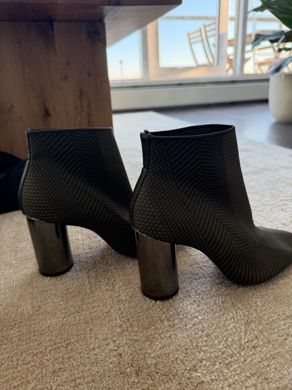 Women’s Black Patterned Ankle Boots with Metallic Block Heel